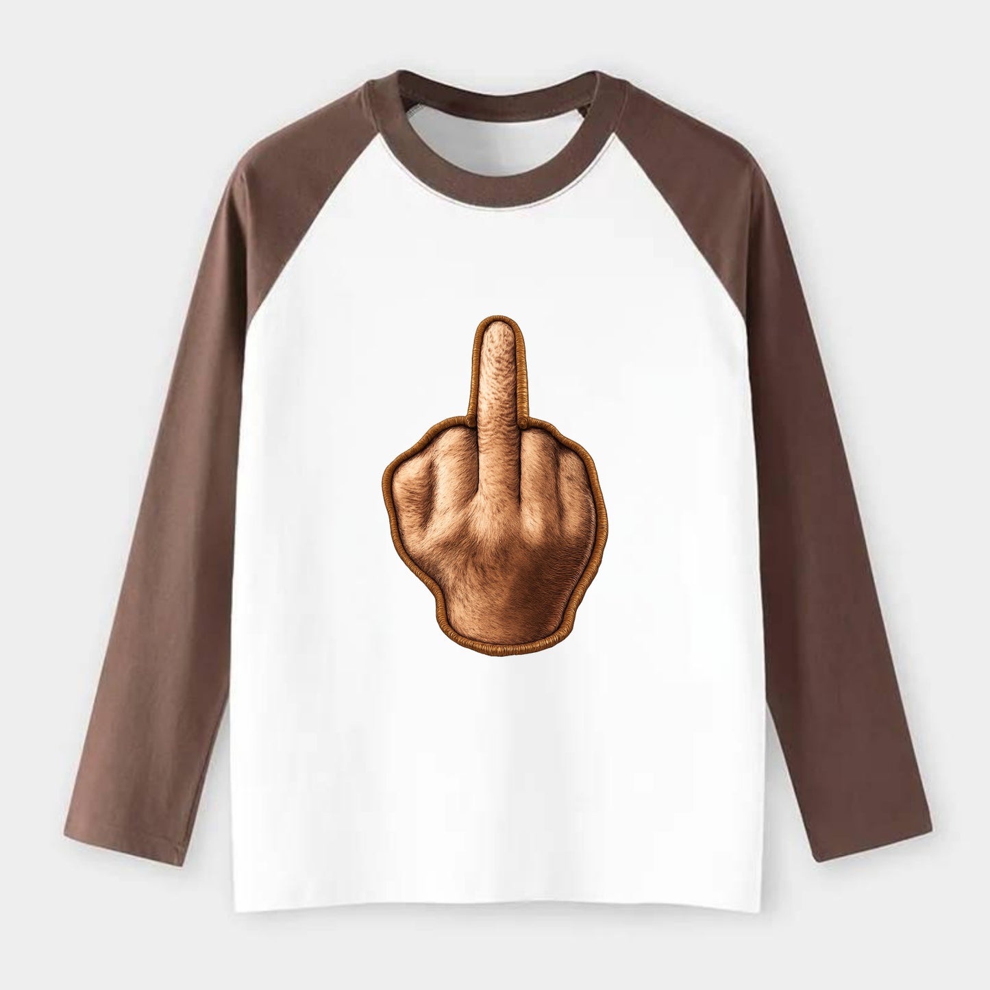 MIDDLE FINGER - hand gesture in skin tone , attitude - Raglan Long Sleeve T-Shirt - Coffee