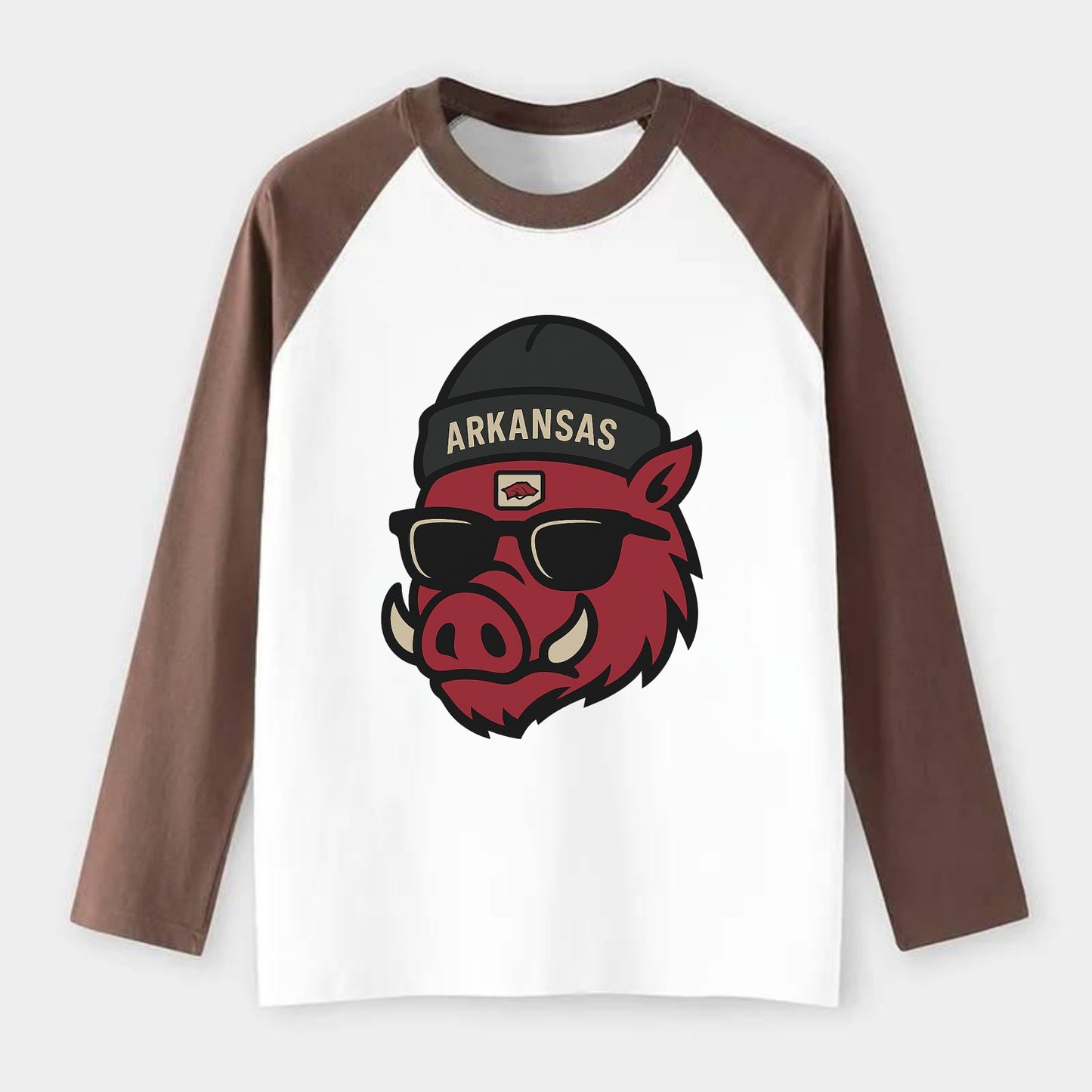 Fayetteville Razorback wearing Arkansas beanie with hog patch - Raglan Long Sleeve T-Shirt - Coffee