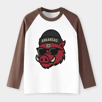 Fayetteville Razorback wearing Arkansas beanie with hog patch - Raglan Long Sleeve T-Shirt - Coffee
