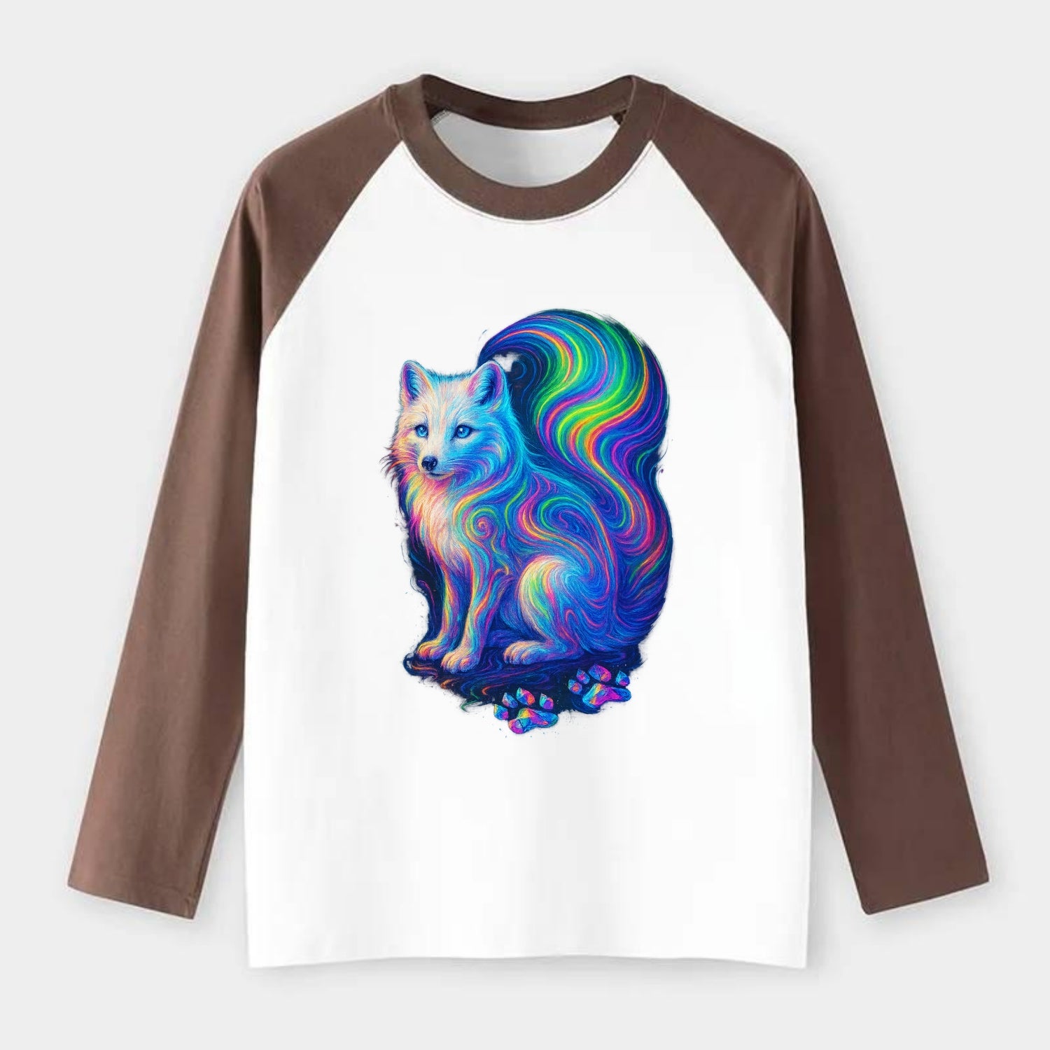 Graceful arctic fox with tail streaming aurora colors, white fur with - Raglan Long Sleeve T-Shirt - Coffee