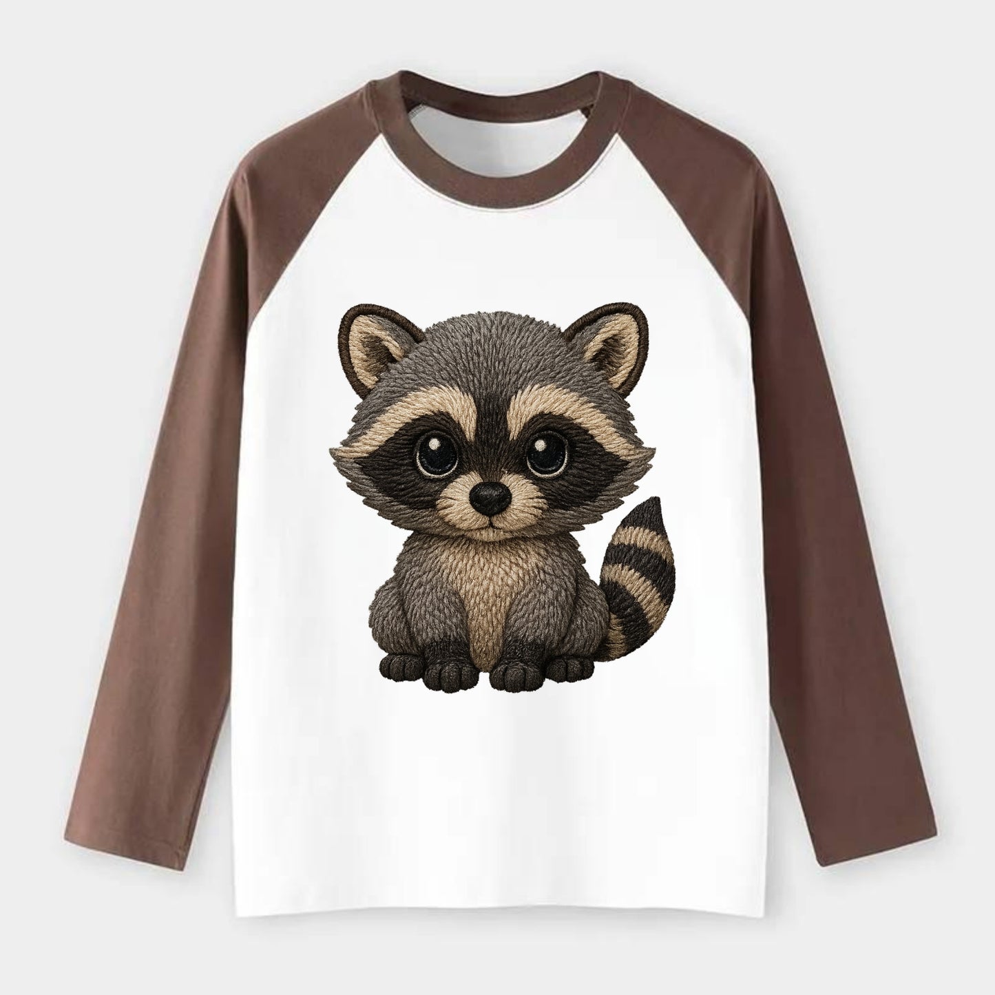 Baby Raccoon - gray fur, black mask, ringed tail, bright curious eyes, - Raglan Long Sleeve T-Shirt - Coffee