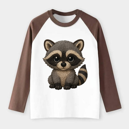 Baby Raccoon - gray fur, black mask, ringed tail, bright curious eyes, - Raglan Long Sleeve T-Shirt - Coffee