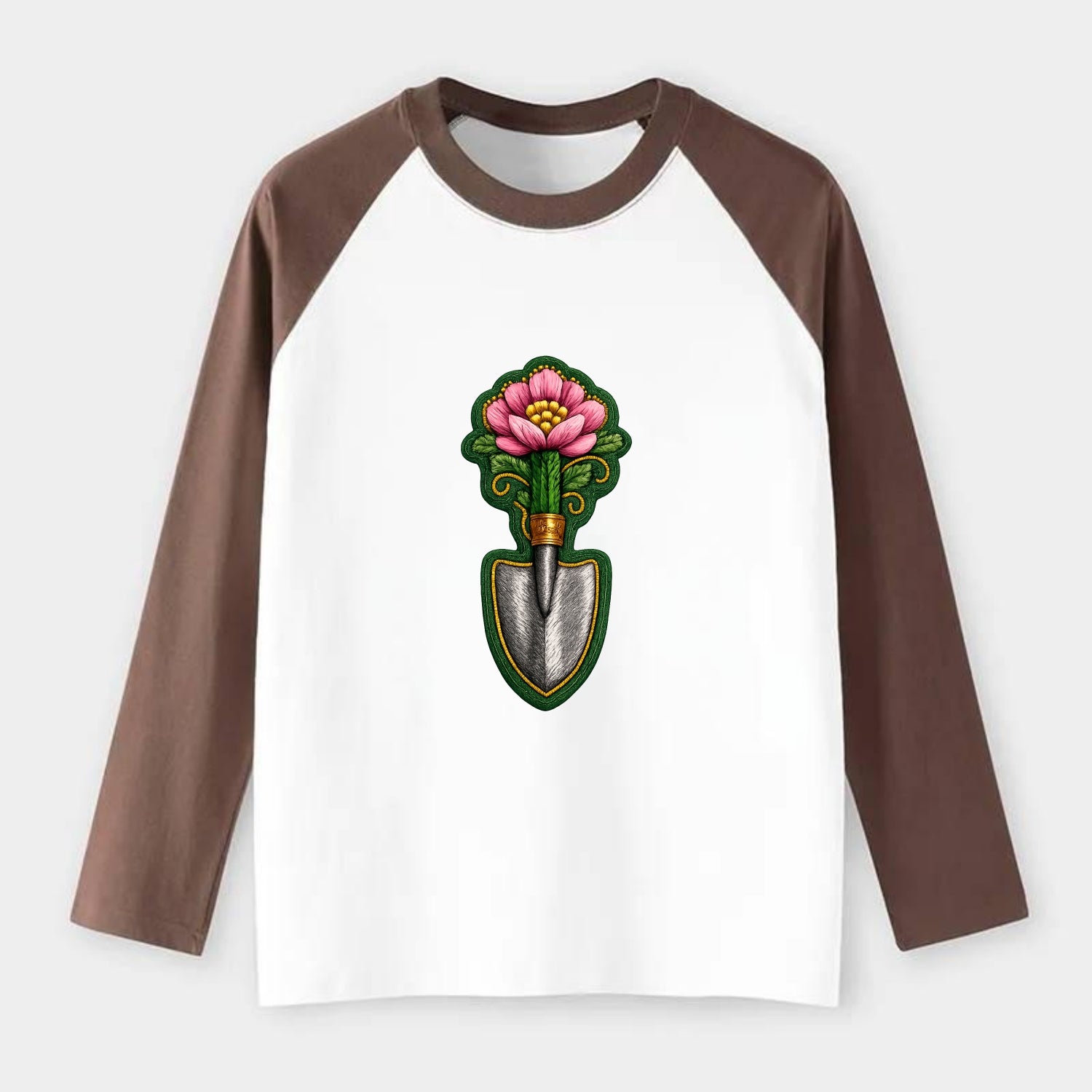 Embroidered patch design - GARDENING TROWEL FLOWER - garden tool with - Raglan Long Sleeve T-Shirt - Coffee