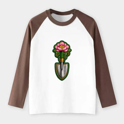 Embroidered patch design - GARDENING TROWEL FLOWER - garden tool with - Raglan Long Sleeve T-Shirt - Coffee