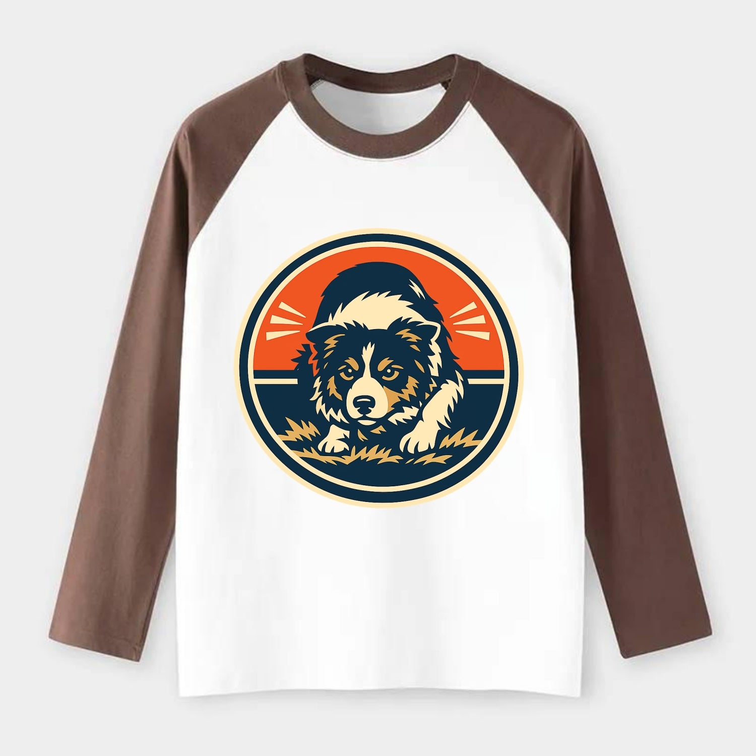 Focused Border Collie Emblem - Raglan Long Sleeve T-Shirt - Coffee