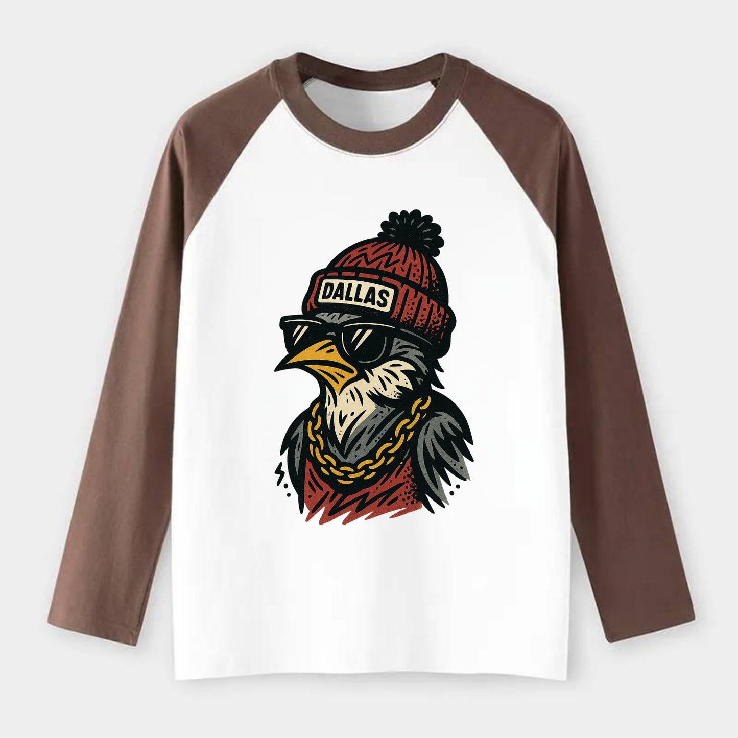 Dallas Mockingbird wearing Dallas beanie with pom pom and wayfarer - Raglan Long Sleeve T-Shirt - Coffee
