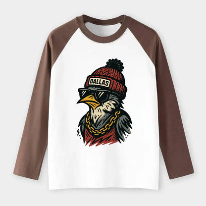 Dallas Mockingbird wearing Dallas beanie with pom pom and wayfarer - Raglan Long Sleeve T-Shirt - Coffee