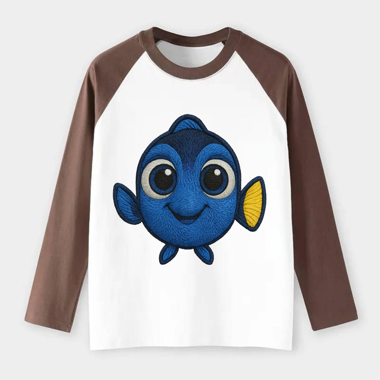 Baby Blue Tang - bright blue with yellow tail, big eyes, front-facing, - Raglan Long Sleeve T-Shirt - Coffee