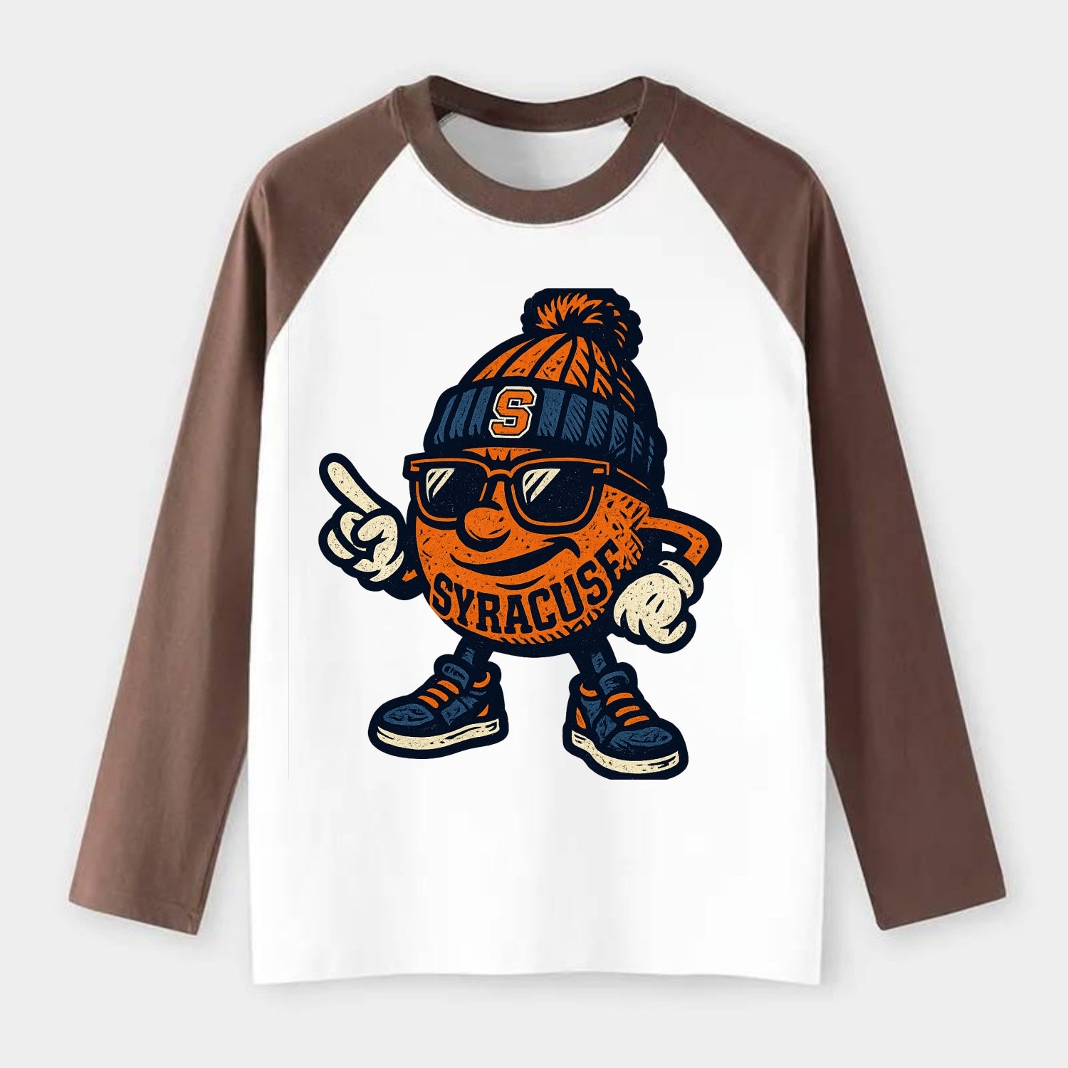 Syracuse Orange wearing Syracuse beanie with S patch - Raglan Long Sleeve T-Shirt - Coffee