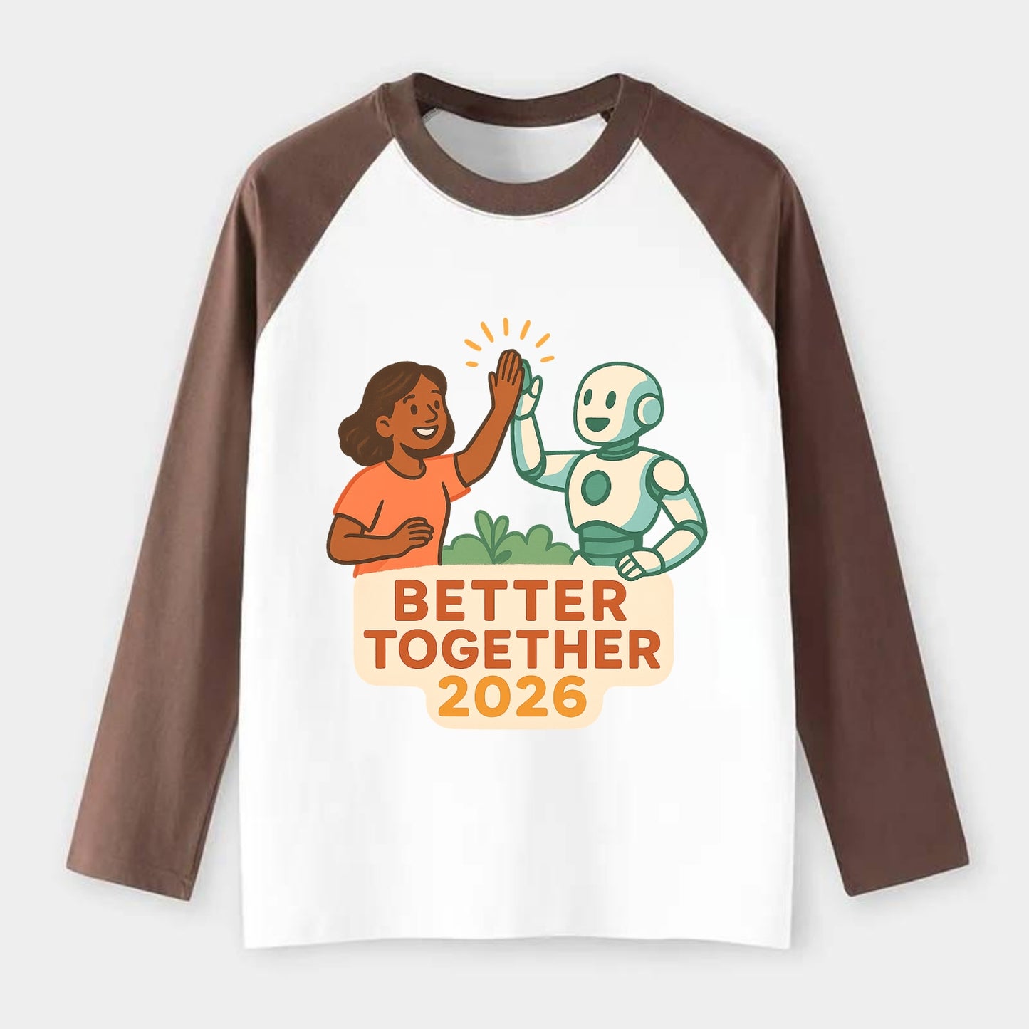 Human and AI robot high-fiving as collaborative partners - "Better - Raglan Long Sleeve T-Shirt - Coffee