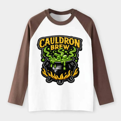 CAULDRON BREW - bubbling pot in black and green , witch craft - Raglan Long Sleeve T-Shirt - Coffee