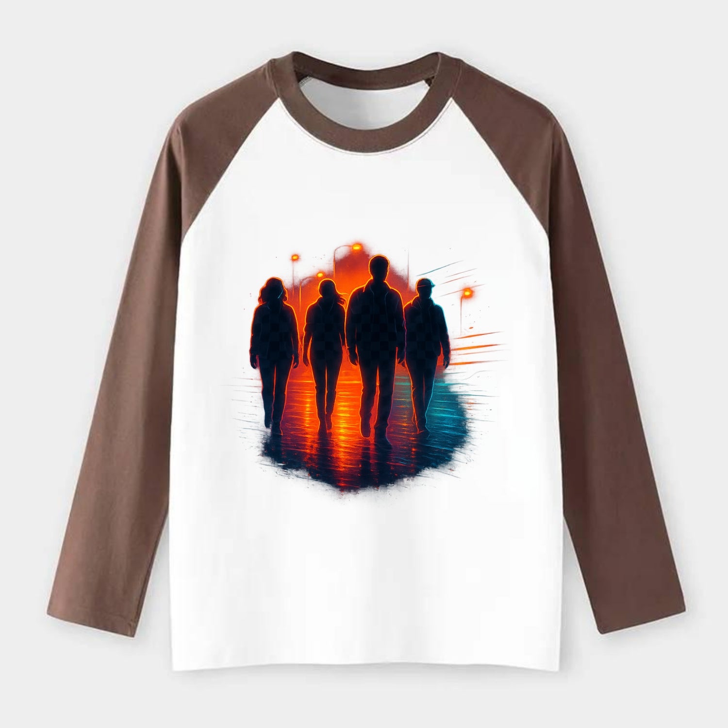 gang of silhouettes walking together at sunset by the beach - Raglan Long Sleeve T-Shirt - Coffee