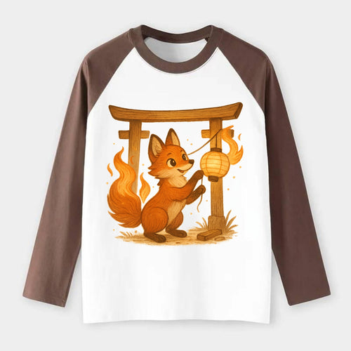 Foxfire kitsune stringing lanterns along a torii gate with tails of - Raglan Long Sleeve T-Shirt