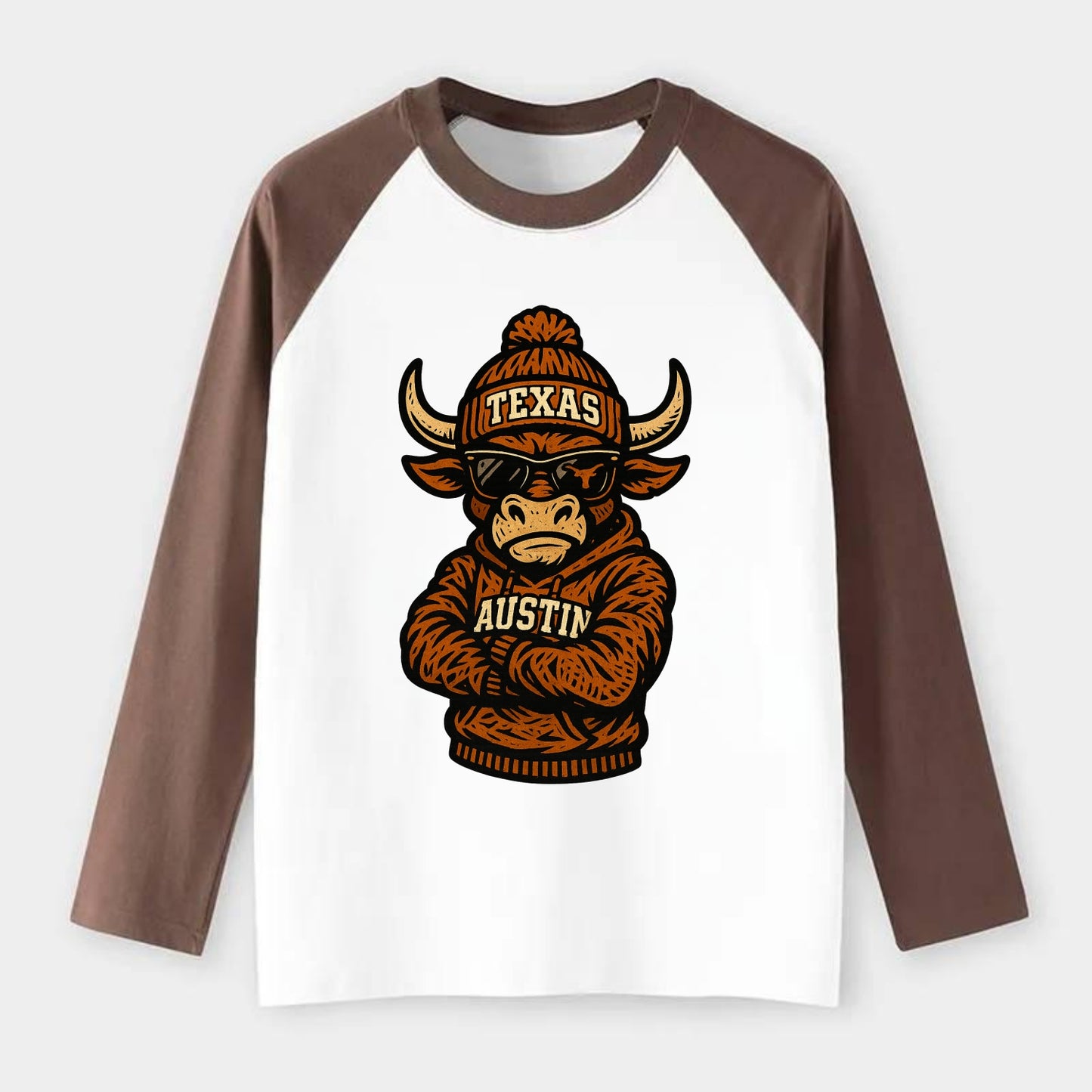Austin Bevo wearing Texas beanie with longhorn patch - Raglan Long Sleeve T-Shirt - Coffee