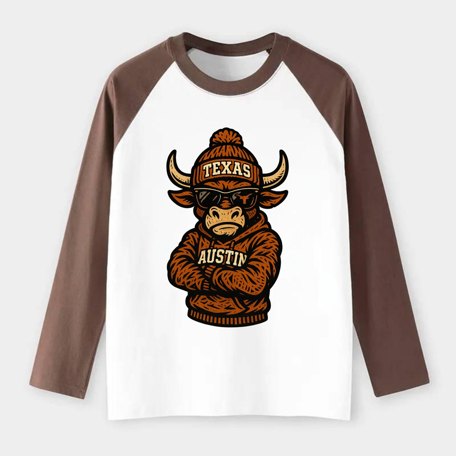 Austin Bevo wearing Texas beanie with longhorn patch - Raglan Long Sleeve T-Shirt - Coffee