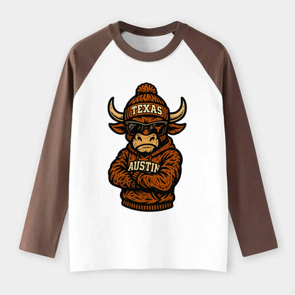 Austin Bevo wearing Texas beanie with longhorn patch - Raglan Long Sleeve T-Shirt - Coffee