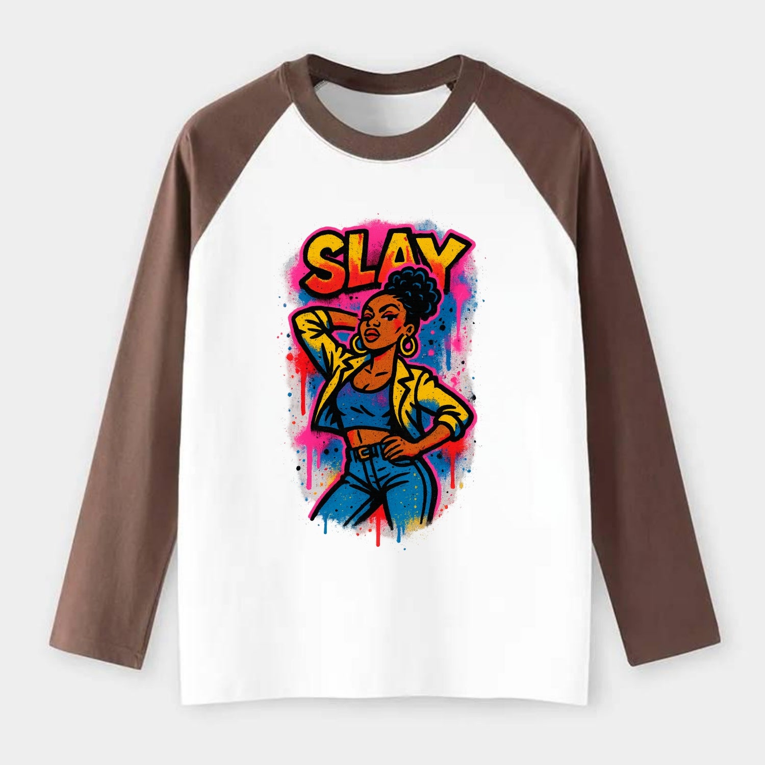 Empowered figure striking confident pose - "slay" culture, fierce and - Raglan Long Sleeve T-Shirt - Coffee