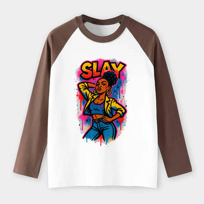 Empowered figure striking confident pose - "slay" culture, fierce and - Raglan Long Sleeve T-Shirt - Coffee