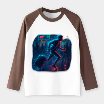 person running with luggage through crowded airport terminal - Raglan Long Sleeve T-Shirt - Coffee
