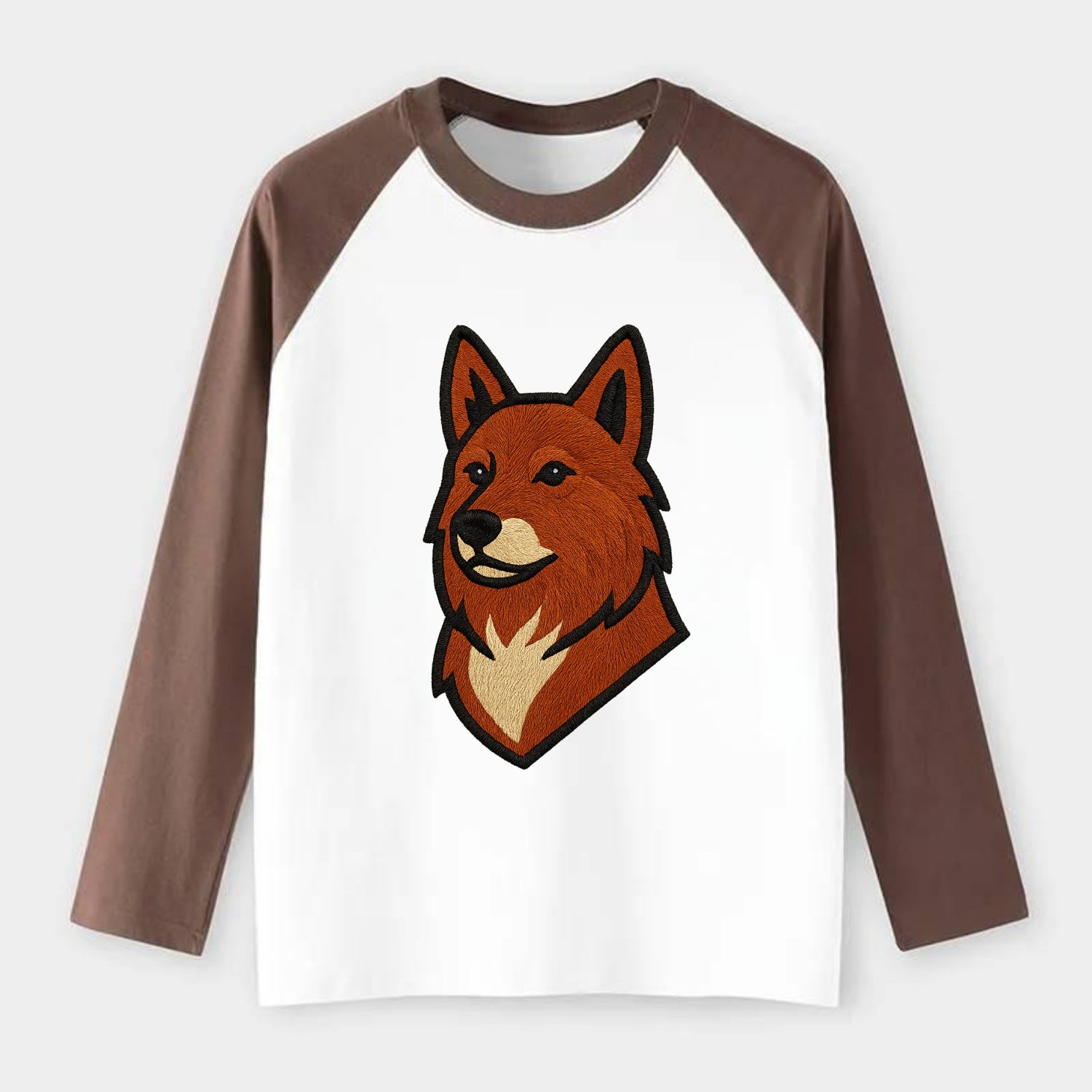 Finnish Spitz - Fox-red pointed ears embroidered pose - Raglan Long Sleeve T-Shirt - Coffee