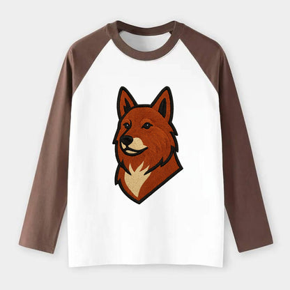 Finnish Spitz - Fox-red pointed ears embroidered pose - Raglan Long Sleeve T-Shirt - Coffee