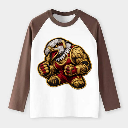 Embroidered patch design - WRESTLING EAGLE - fierce eagle with - Raglan Long Sleeve T-Shirt - Coffee