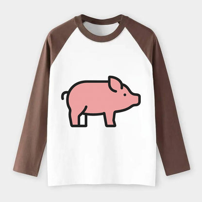 Pig - Pink farm pig flat side profile - Raglan Long Sleeve T-Shirt - Coffee