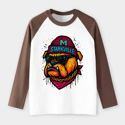 Starkville Bulldog wearing Mississippi State beanie with M patch - Raglan Long Sleeve T-Shirt - Coffee
