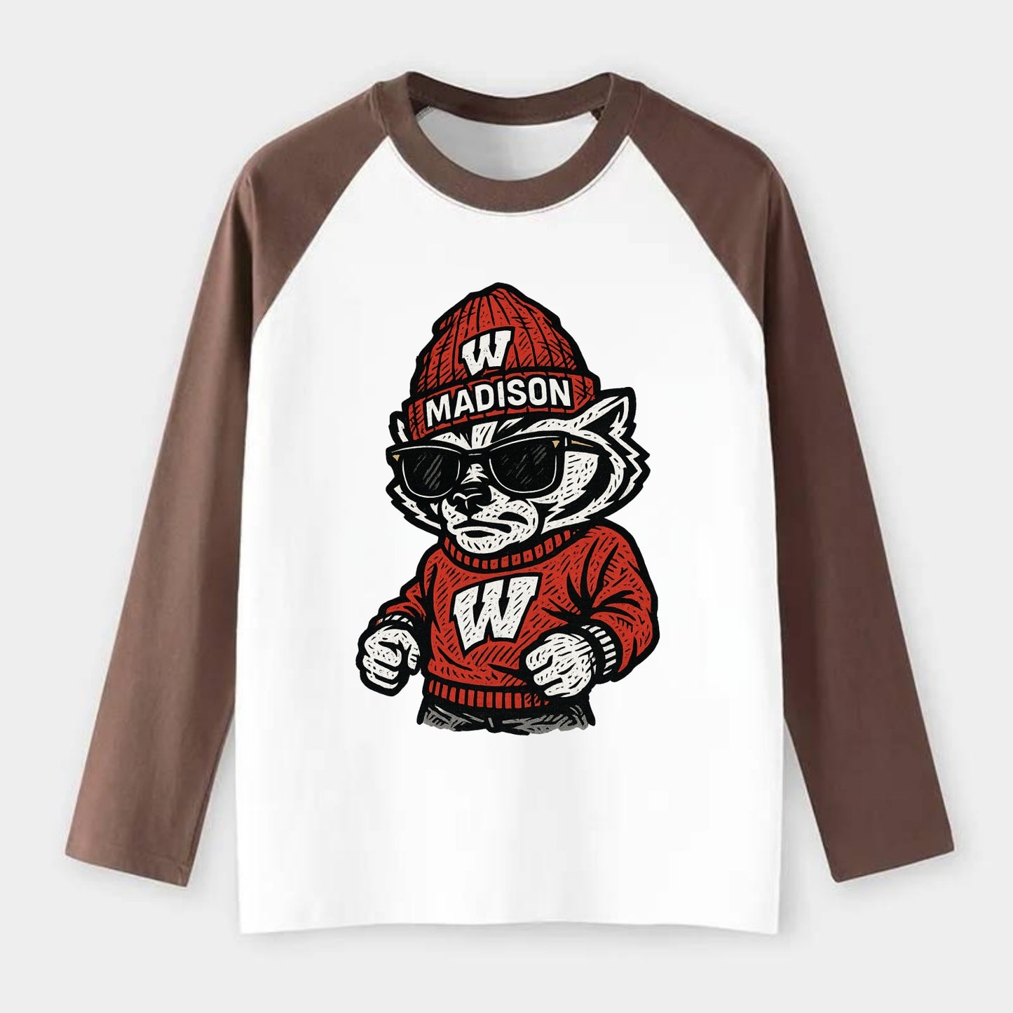 Madison Badger wearing Wisconsin beanie with motion W patch - Raglan Long Sleeve T-Shirt - Coffee