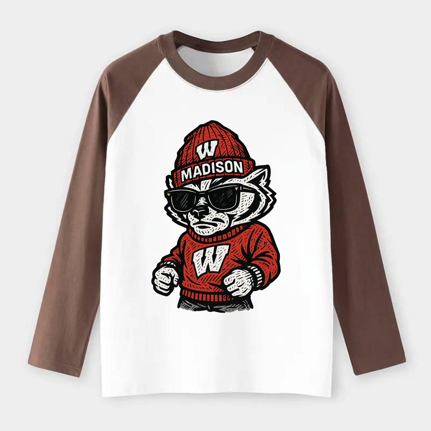 Madison Badger wearing Wisconsin beanie with motion W patch - Raglan Long Sleeve T-Shirt - Coffee