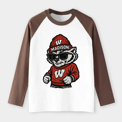 Madison Badger wearing Wisconsin beanie with motion W patch - Raglan Long Sleeve T-Shirt - Coffee