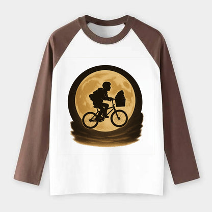 boy with bicycle flying across full moon with silhouette - Raglan Long Sleeve T-Shirt - Coffee