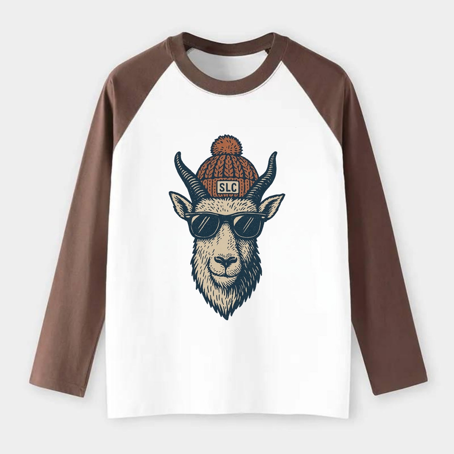 Salt Lake City Mountain Goat wearing SLC beanie with pom pom and - Raglan Long Sleeve T-Shirt - Coffee