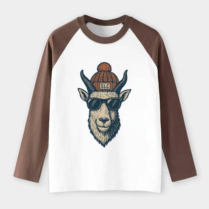 Salt Lake City Mountain Goat wearing SLC beanie with pom pom and - Raglan Long Sleeve T-Shirt - Coffee