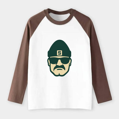 East Lansing Spartan wearing Michigan State beanie with S patch - Raglan Long Sleeve T-Shirt - Coffee