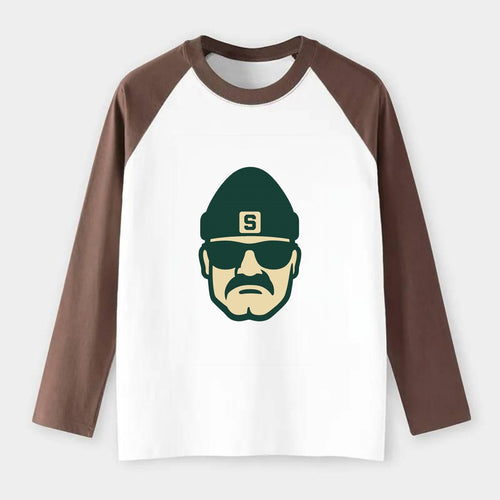 East Lansing Spartan wearing Michigan State beanie with S patch - Raglan Long Sleeve T-Shirt