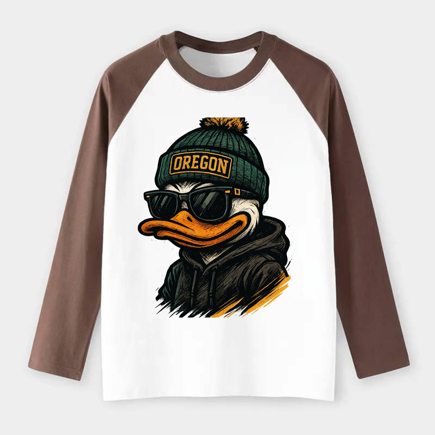 Eugene Duck wearing Oregon beanie with O patch - Raglan Long Sleeve T-Shirt - Coffee