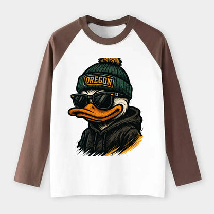 Eugene Duck wearing Oregon beanie with O patch - Raglan Long Sleeve T-Shirt - Coffee