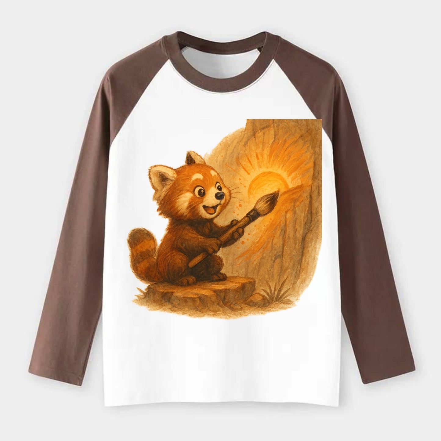 Red panda painting a sunrise mural with an oversized calligraphy brush - Raglan Long Sleeve T-Shirt - Coffee