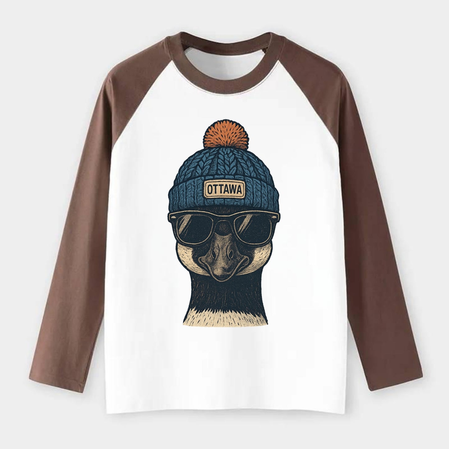 Ottawa Canadian Goose wearing Ottawa bea - Raglan Long Sleeve T-Shirt - Coffee