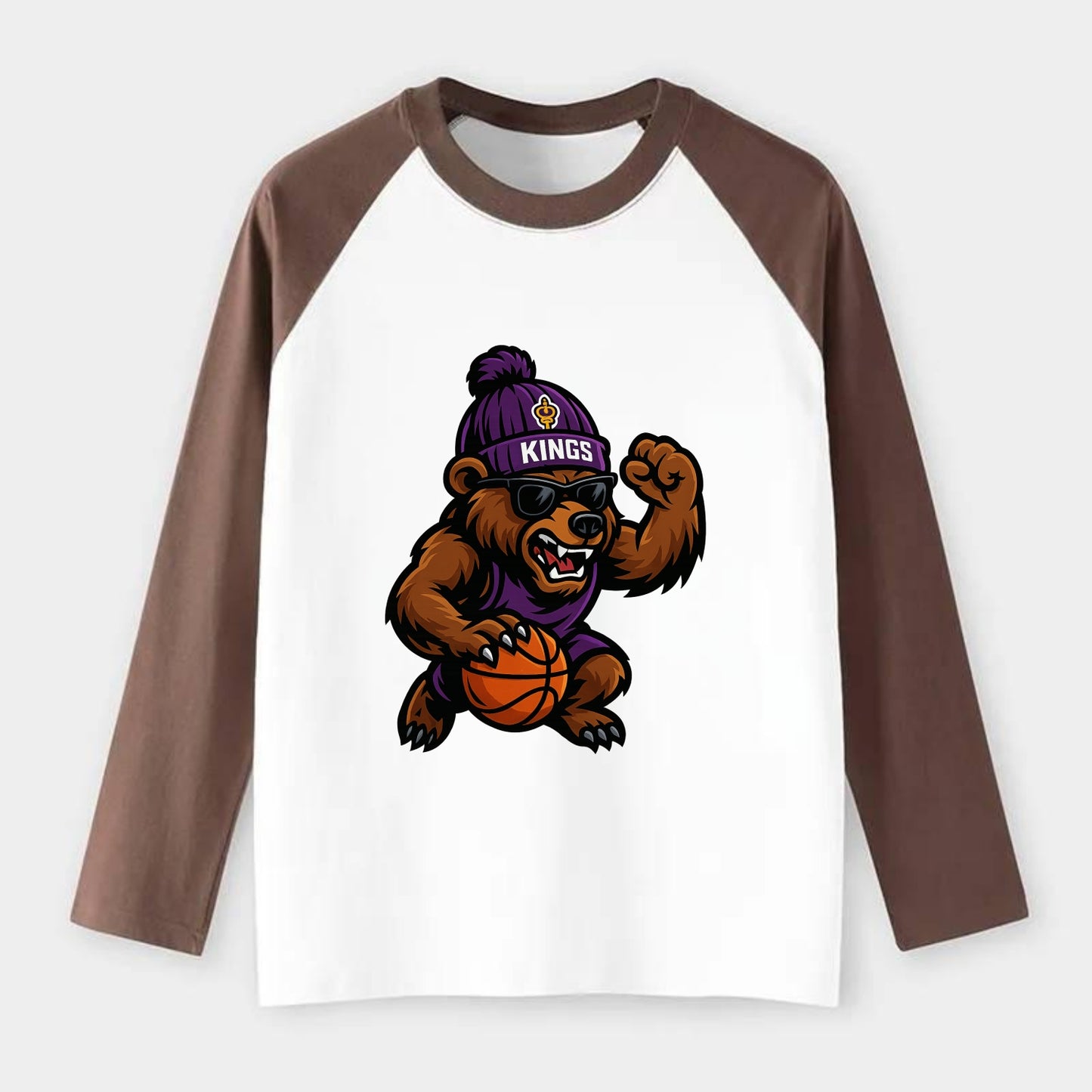 California Grizzly wearing Kings beanie with royal scepter patch and - Raglan Long Sleeve T-Shirt - Coffee