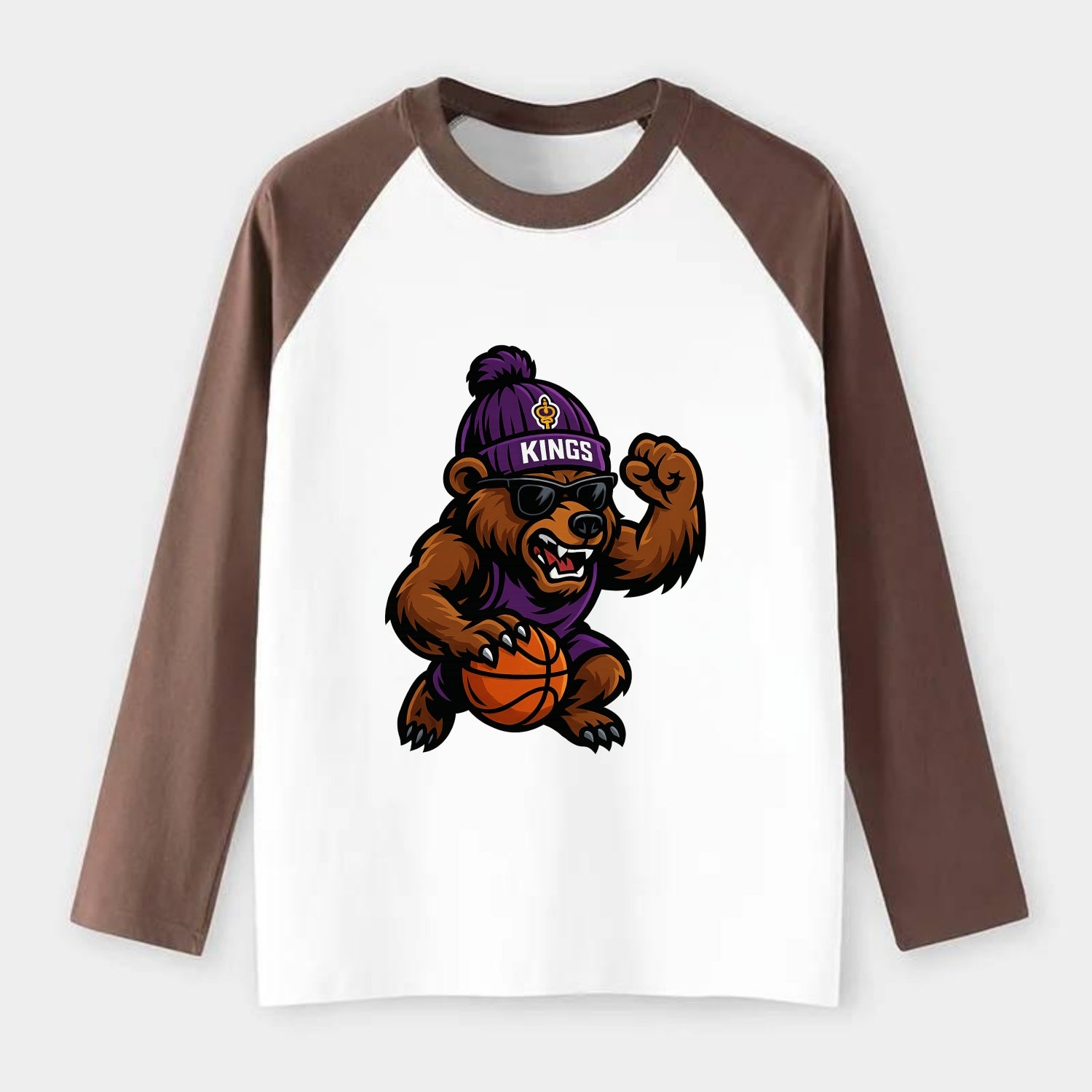 California Grizzly wearing Kings beanie with royal scepter patch and - Raglan Long Sleeve T-Shirt - Coffee