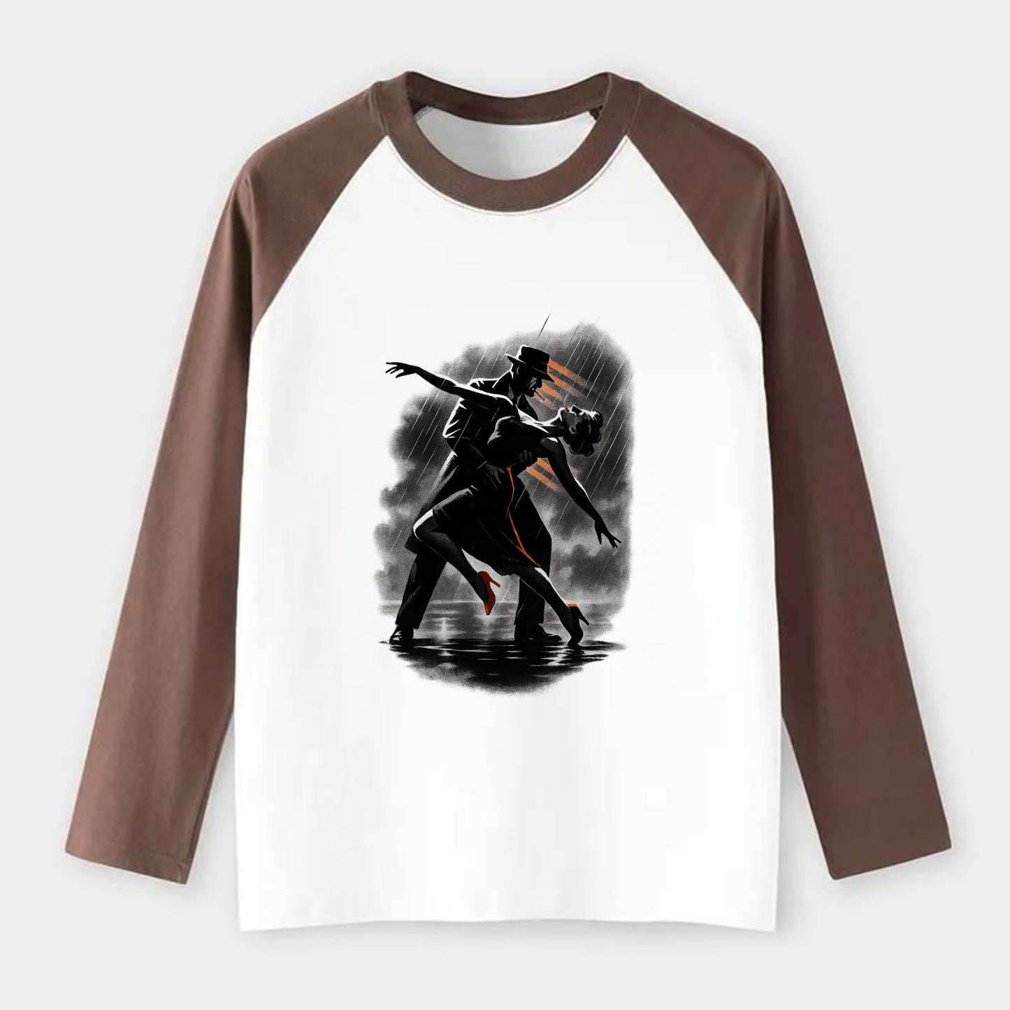 romantic dance pose with woman lifted in the air at lakeside - Raglan Long Sleeve T-Shirt - Coffee