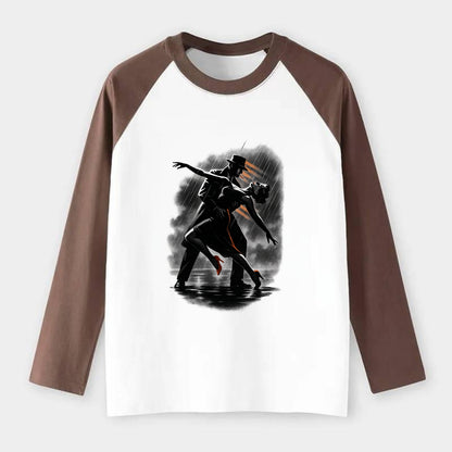romantic dance pose with woman lifted in the air at lakeside - Raglan Long Sleeve T-Shirt - Coffee