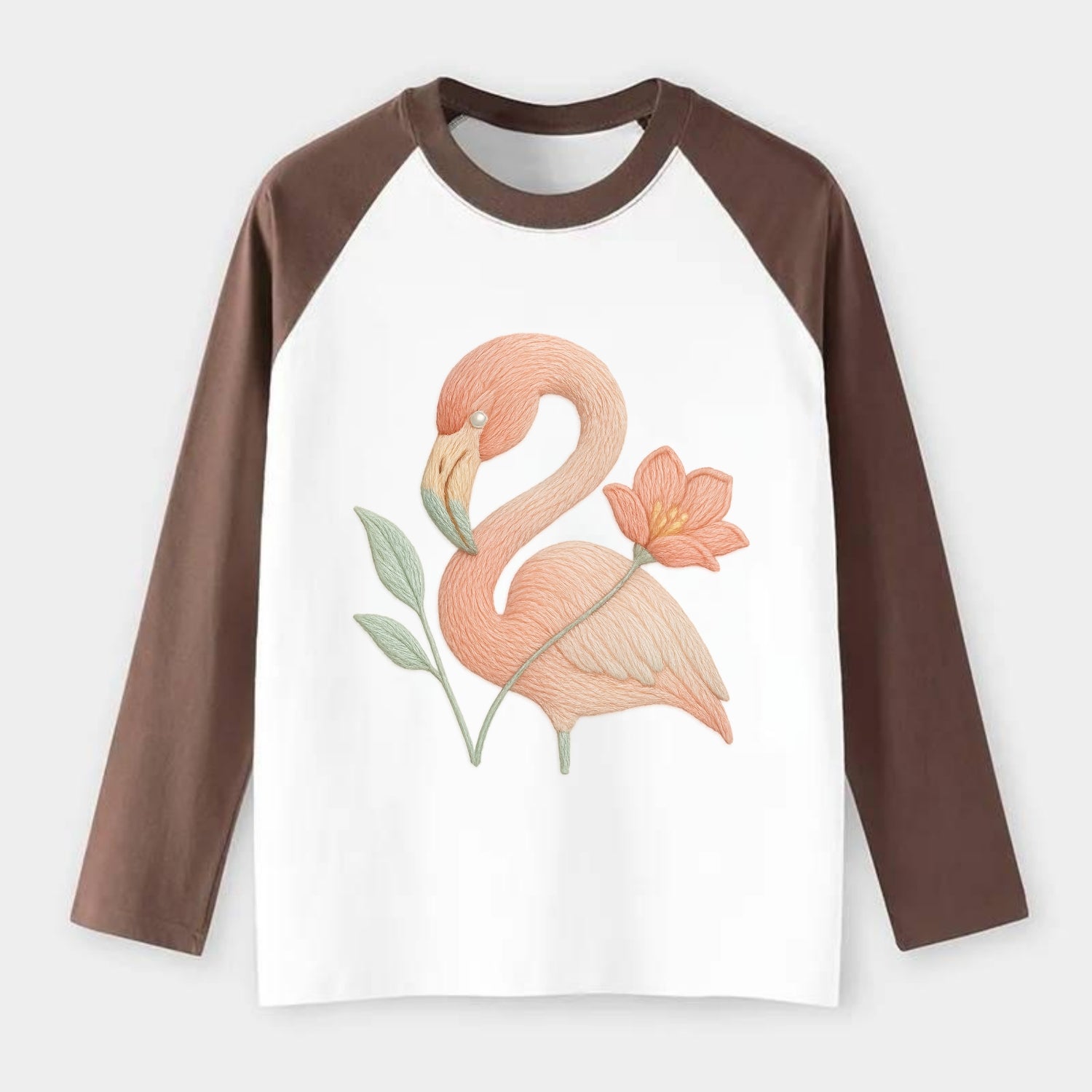 Peach Flamingo - Raglan Long Sleeve T-Shirt - Coffee