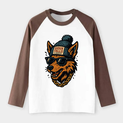 South Dakota Coyote wearing Sioux Falls beanie with pom pom and - Raglan Long Sleeve T-Shirt - Coffee