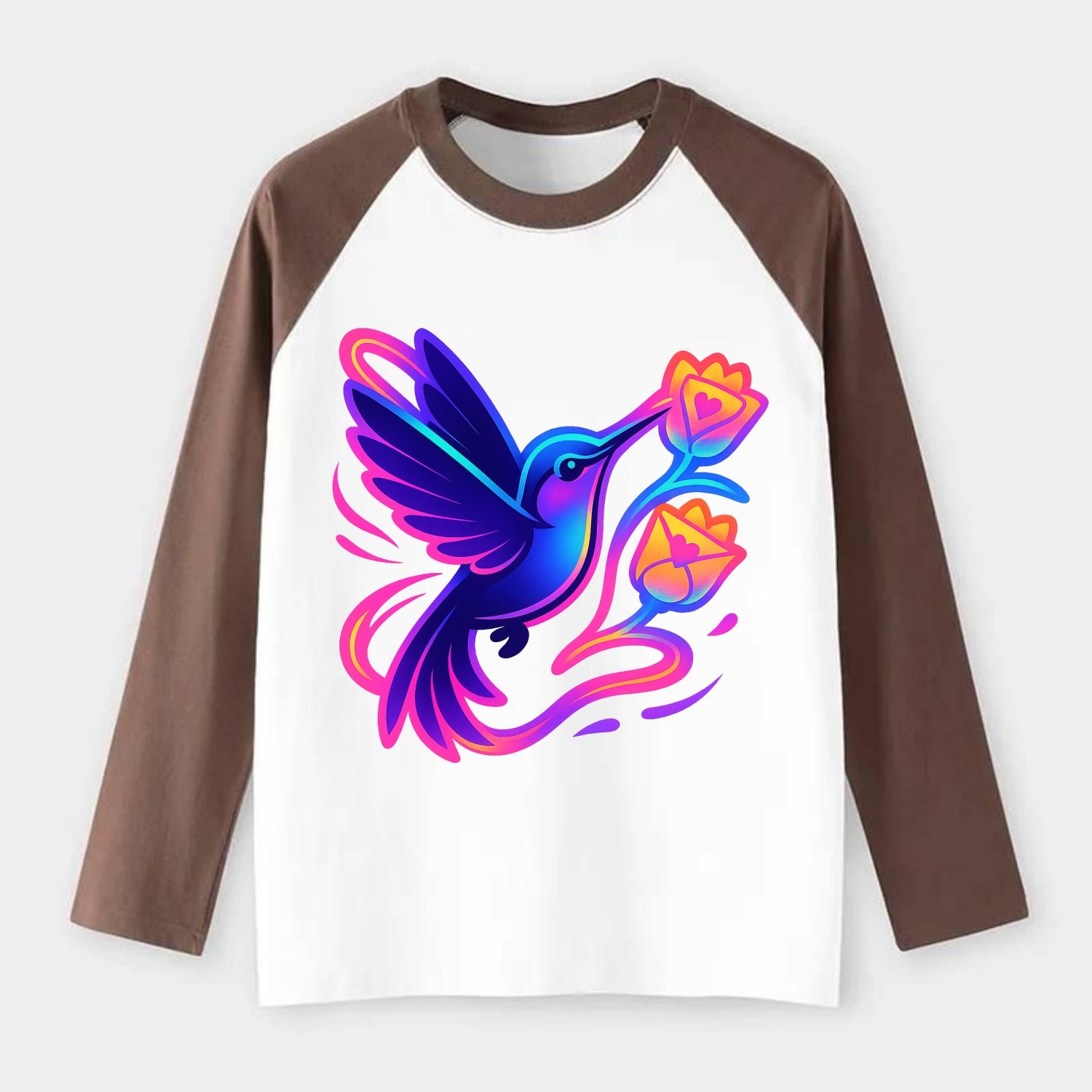 Hummingbird delivering miniature love letters tucked inside flower - Raglan Long Sleeve T-Shirt - Coffee