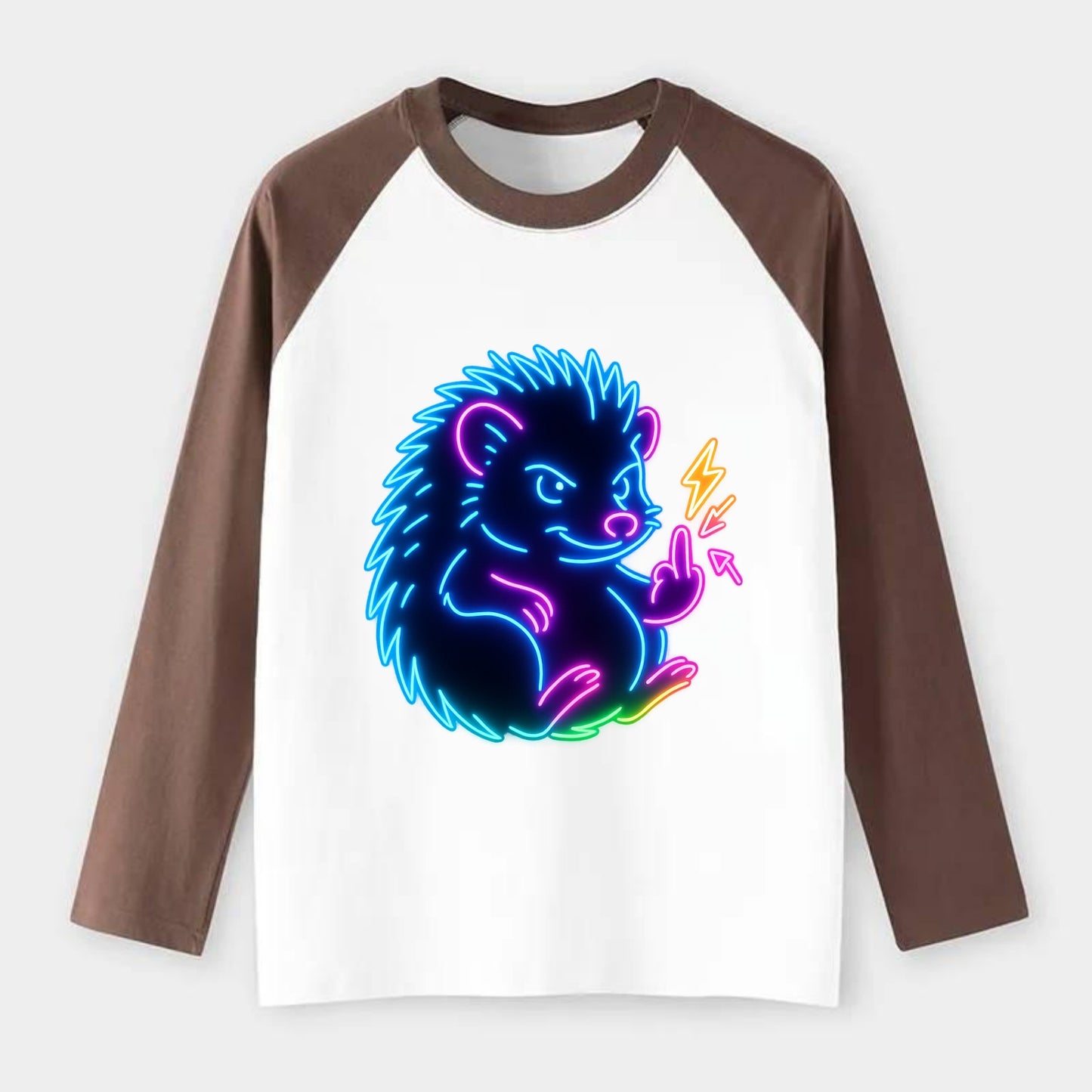 tiny hedgehog curled up slightly, one little paw raised flipping the - Raglan Long Sleeve T-Shirt - Coffee