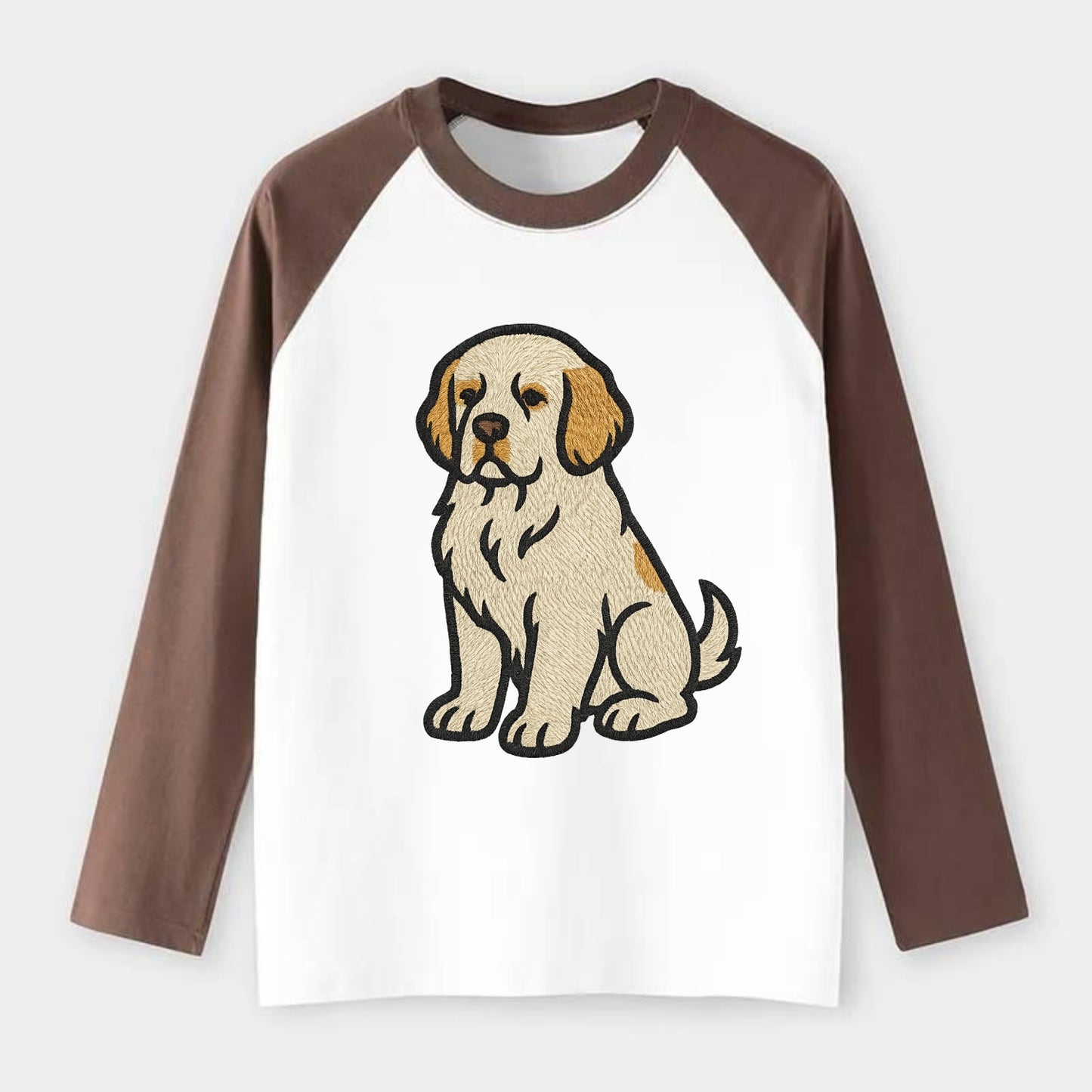 Clumber Spaniel - White with lemon markings embroidered pose - Raglan Long Sleeve T-Shirt - Coffee