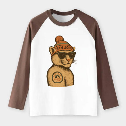 San Jose Mountain Lion wearing San Jose beanie with pom pom and - Raglan Long Sleeve T-Shirt - Coffee